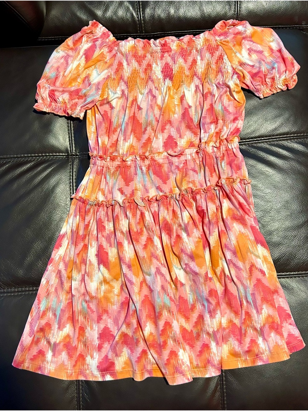 Girls Pink & Orange Ikat Smocked Tiered Dress size M (10/12)
